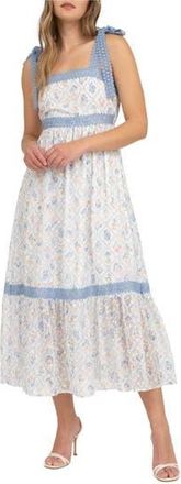 August Sky Floral Lace Tie Strap Empire Waist Midi Dress in Blue Multi at Nordstrom Rack, Size Medium