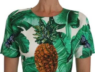 Dolce & Gabbana Womens A-Line Banana Leaf Pineapple Crystal Dress Green Cotton