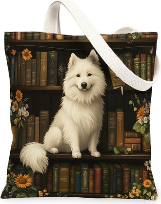 Generic Spring Samoyed Dog Canvas Tote Bag for Shopping 13x15, Flower Bookshelf Puppy Reusable Grocery Print Bag for Women, Fun Pet Beach Aesthetic Painting G
