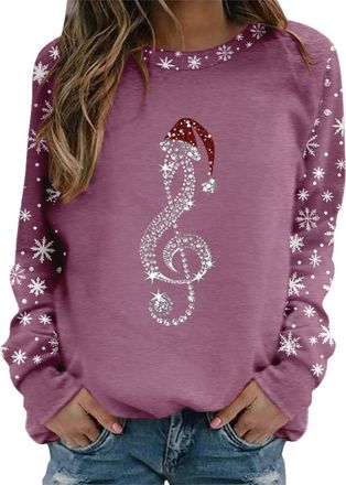 Generic Christmas Jumpers for Women Pullover Plain Cotton Hoodie Red Tones Musical Symbol for Musician Sweatshirts Loose Fit Tops Pullover Novelty Funny Graph