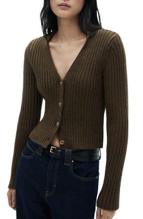 Mango V-Neck Rib Cardigan in Khaki Green at Nordstrom Rack, Size Large
