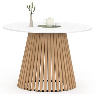 IDMarket CARMEN Tavolo da pranzo rotondo per 6 persone con gambe a doghe in legno e piano in legno bianco 110 cm