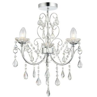 Loops Flush Bathroom Ceiling Light IP44 Chrome & Crystal 3 Lamp Bulb Hanging Pendant