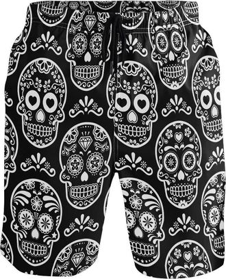 Alaza Beach Shorts, Sugar Skulls White Black Mens Trunks Swim Shorts Quick Dry with Pockets for Summer Surfing Boardshorts Gym Outdoor Water Sports, X-Large