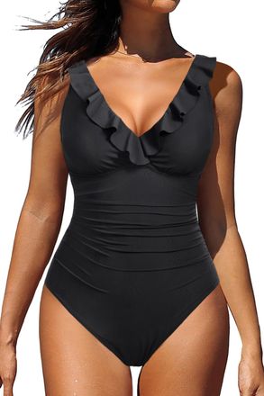 Holipick Women One Piece Swimsuits Tummy Control Bathing Suit Ruffle V Neck Swimwear Slimming Monokini, Whole Black, Large