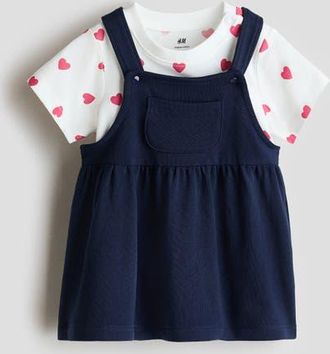 H&M 2-piece Dungaree Dress And Top Set in Navy Blue/hearts at Nordstrom, Size Newborn
