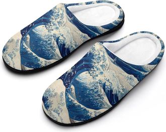 Generic The Great Wave Funny Mens Cotton Slippers Soft Non-Slip Rubber Sole House Slipper Indoor Outdoor