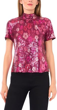 CeCe by Cynthia Steffe Floral Sequin Mock Neck Top in Rhododendron at Nordstrom Rack, Size X-Large