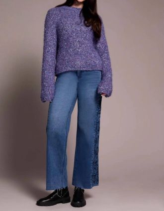Tribal Fuzzy Eyelash Drop Shoudler Puff Sleeve Sweater In M Blueviolet