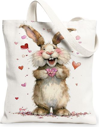Generic Cute Rabbit Canvas Tote Bags, Love Heart Pattern Reusable Shopping Bags, Spring Vintage Lightweight Washable Shoulder Strap, White, 13x15 Inch
