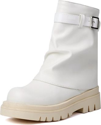 Generic Womens Soft Faux Leather Ankle Boots Adjustable Buckle Strap Chunky Lug Sole Side Zipper Casual Daily Streetwear Autumn Winter Fashion Boots,White,7.5