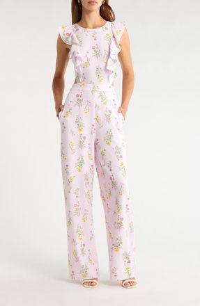 Sugarlips Margote Floral Print Ruffle Jumpsuit in Blush-Pink at Nordstrom, Size X-Large
