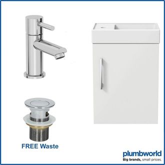 Aurora 400mm White Gloss Wall Hung Bathroom Vanity Unit with Basin Sink Storage with Malmo Round Mixer Tap & Waste