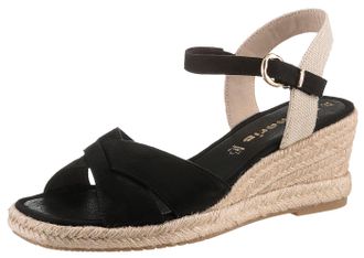 Tamaris Keilsandalette TAMARIS, Damen, Gr. 37, schwarz, Textil, Veloursleder, unifarben mit Farbeinsatz, Schuhe Keilsandalette, Riemchensandale, Sommerschuh m