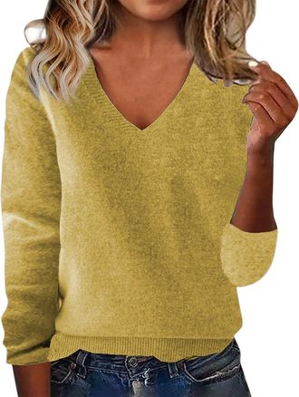 Generic Ladies Jumpers Womens V-Neck Sweaters Lightweight Soft Long Sleeve Sweater Stretchy Layer Pullover Tops Casual Work Smart Autumn Sweatshirt Solid Colo