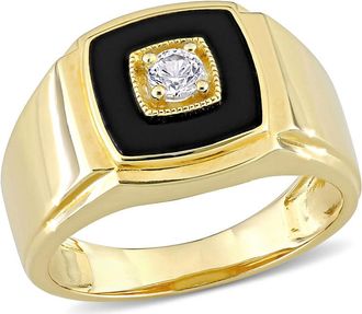 Amour 2 1/2 CT TGW Black Onyx and Created White Sapphire Square Mens Ring In Yellow Plated Sterling Silver