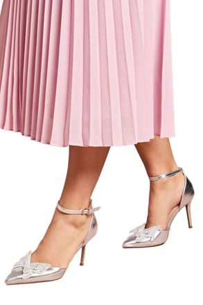 Coast Poppy Satin Diamante Butterfly Trim Pointed High Stiletto Heel Court Shoes, 5, Silver