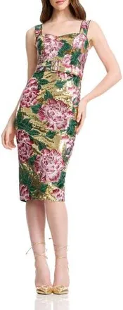 Dress The Population Nicole Sequin Floral Embroidered Cocktail Midi Dress in Gold Multi at Nordstrom Rack, Size X-Large
