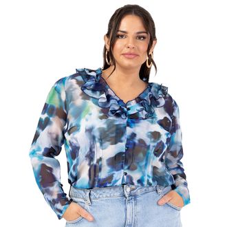 Lovedrobe Womens Womens Ladies Ruffle Top V-Neck Long Sleeve Button-up Frills Floral Print Metallic Smart Casual Office Wear Top Blouse, Blue