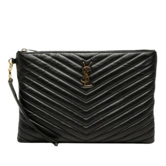 Saint Laurent Pre-owned doorgestikte clutch - Dames - Pre-owned - Zwart - Maat: ONE Size Zijde