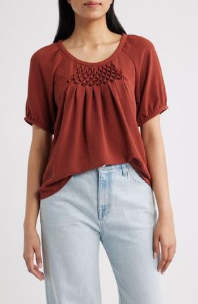 Bobeau Smock Pleat Knit Top in Brandy Brown at Nordstrom, Size X-Large