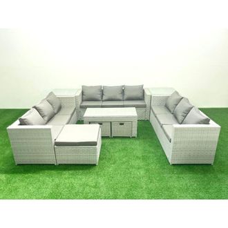 Fimous Rattan Garden Outdoor Furniture Set 12 Seater Garden Sofa Oblong Coffee Table Set with 3 Footstools 2 Side Tables Light Grey Mixed - Fimous