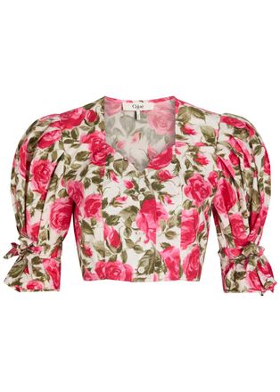 Chlo&eacute; Floral-print Cotton-poplin Cropped Blouse - Pink - 34 (UK6 / XS)