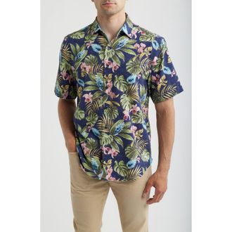 Tommy Bahama Nova Wave Selva Gardens Floral Short Sleeve Seersucker Button-Up Shirt in Coastline at Nordstrom, Size 2Xlt