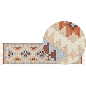 Beliani Beliani - Alfombra Kilim De Algod&oacute;n Beige Azul Naranja 80 X 300 Cm Geom&eacute;trico Dilijan