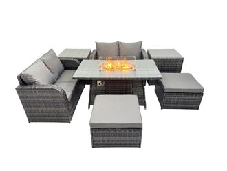 Fimous 6-seater Rattan Garden Furniture Set with 2 Big Stools 2 Side Tables in Dark Grey