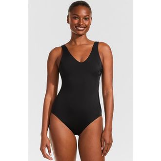 Lands End Tugless V-Neck High Leg One Piece Swimsuit in Black at Nordstrom, Size 14P