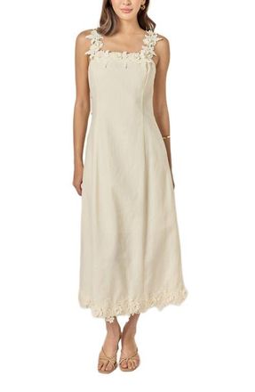 English Factory Flower Strap Sleeveless Linen Midi Dress in Cream at Nordstrom, Size Medium