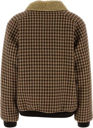 Miu Miu Womens Houndstooth Wool With Sherpa Collar Jacket Brown