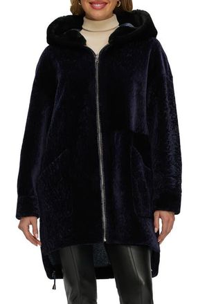 Gorski Genuine Shearling Hooded Long Coat, Reversible in Navy/blue at Nordstrom, Size X-Small