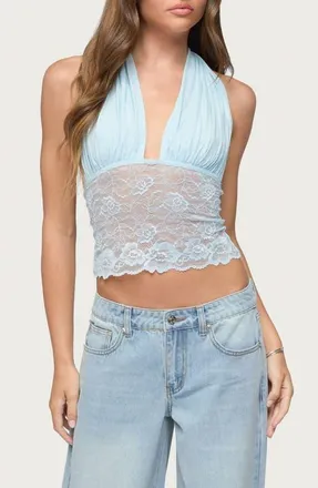 Edikted Eloria Lace Crop Top in Light-Blue at Nordstrom, Size X-Small