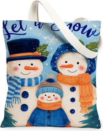 Generic Winter Snow Man Canvas Tote Bags, Cute Cold Friends Pattern Reusable Grocery Bags, Lightweight Washable Shoulder Strap Canv, Blue, 13x15 Inch