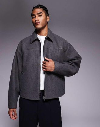 Asos Giacca harrington squadrata effetto lana antracite-Grigio