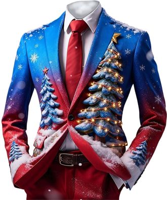 Generic Mens Christmas Suit Xmas Tree Printed Party Lapel Single Button Long Sleeved Suit Sports Jacket Lightweight Pocket Suit Classic Jacket Suitable for Me