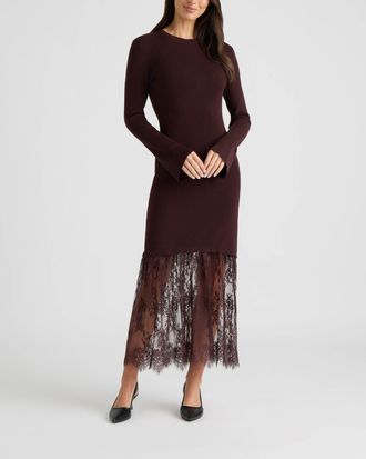 Ellen Tracy Womens Sheer Lace Hem Midi Sweater Dress