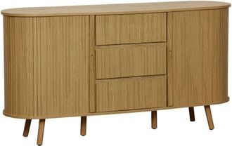 Sweeek Scandinavian oval sideboard, 2 sliding doors, 4 compartments, 3 drawers, grooved wood effect, natural colour, W 150 x D 40 x H 79cm