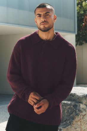 Alo | Textured Knit Long Sleeve Polo Top in Rich Bordeaux, Size: Medium