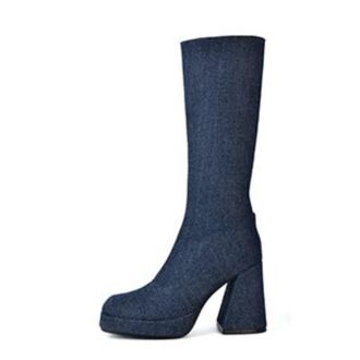 Generic Womens Knee-High Denim Fabric Boots Square Toe Side Zipper Thick Platform Chunky Block Heels Reinforced Stitching Durable Design,Dark Blue,5.5 UK