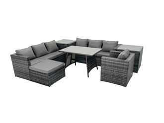 Fimous Rattan Dining Table Sofa Set with 2 Side Table Big Footstool Outdoor in Dark Grey