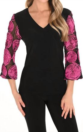 Frank Lyman Design Bexley Embroidered Long Sleeve Top In Begonia And Black