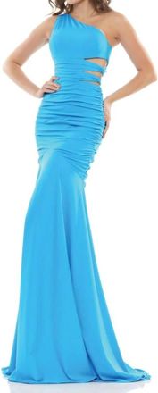 Colors Dress Matte Lycra Cut-Out One Shoulder Prom Gown In Turquoise