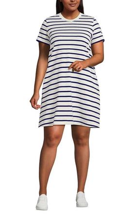 Lands End Cotton Jersey Crew Neck T Shirt Dress in Ivory/deep Sea Spaced Stripe at Nordstrom, Size 3X
