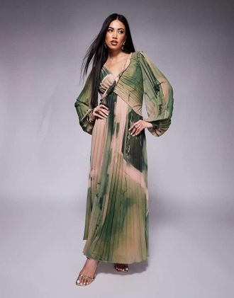 Asos twist detail wrap front pleated maxi dress in green watercolor print-Multi
