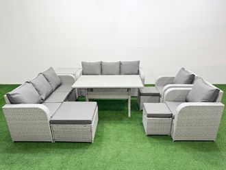 Fimous PE Rattan High Back Lounge Sofa Set Patio Rectangular Dining Table & Chairs Set w/ 3 Seater Sofa Reclining Chair 3 Stools Side Table Light Grey