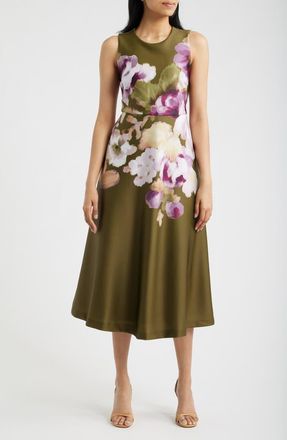 Anne Klein Floral Print Sleeveless Satin Midi Dress in Ivy Multi at Nordstrom, Size 12