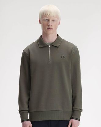 Fred Perry Mens Half Zip Sweatshirt in Dark Green Cotton - Size X-Large